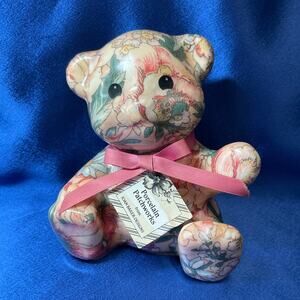 Porcelain Patchwork Bear with Pink Ribbon and Original Label